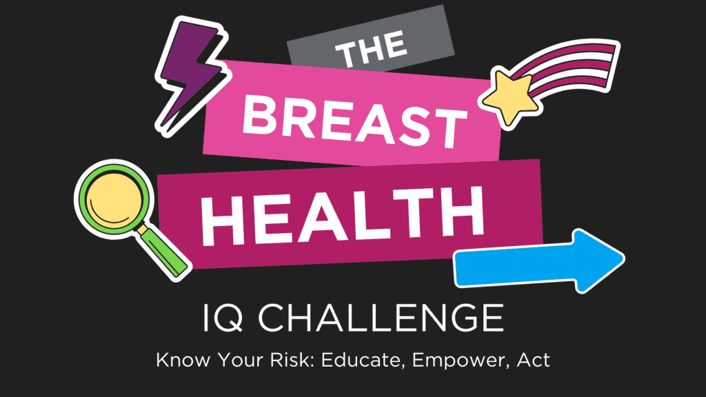 A black background info graphic that matches a trivia-show aesthetic with the words "The Breast Health IQ Challenge - Know Your Risk: Educate, Empower, Act" on it. 